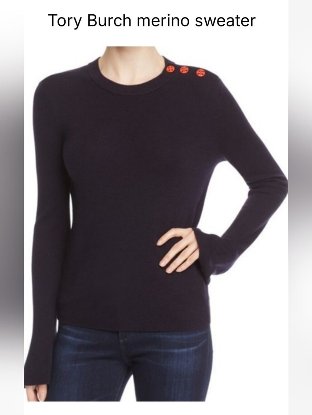 Tory Burch Navy Crewneck 100% Merino Sweater With Red Shoulder Buttons Sz L